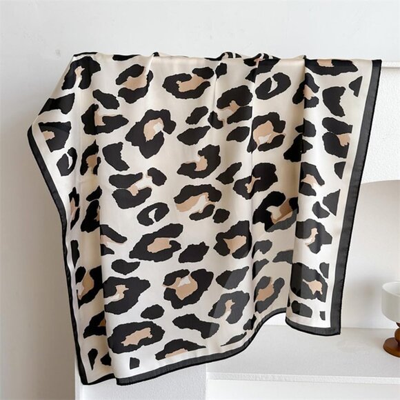Women Beige Leopard Headscarf Satin Bandana Pattern Polyester Breathable Scarves - Picture 7 of 7